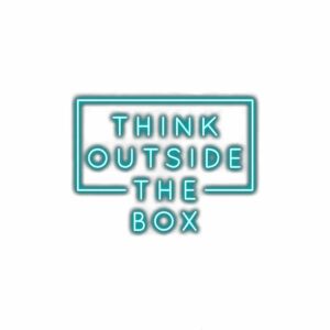 Think outside the box" inspirational quote graphic.
