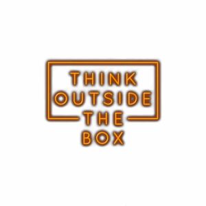 Inspirational "Think Outside The Box" neon sign text.