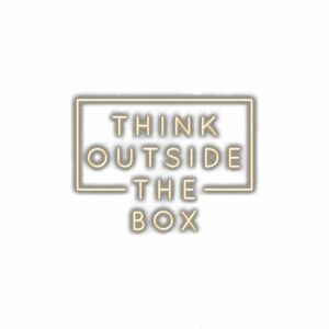 Neon sign with 'Think Outside the Box' inspirational quote