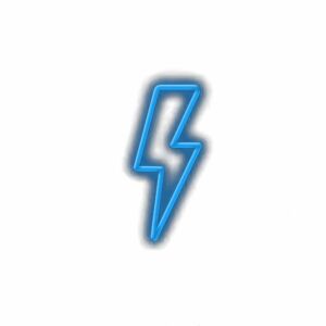 Blue neon lightning bolt icon on white background.