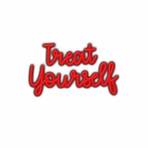 Red 'Treat Yourself' motivational quote, white background