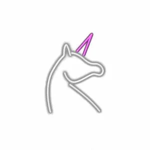 Neon unicorn sign, pink horn, white background.