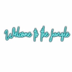 Neon sign text "Welcome to the jungle" on white background.