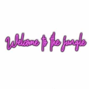 Neon sign saying "Welcome to the Jungle" in cursive.