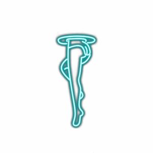 Neon blue femur bone illustration on white background.