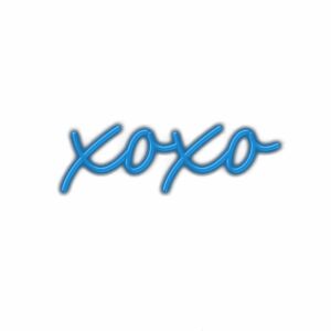 Blue neon sign with text "xoxo.