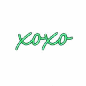 Neon green 'XOXO' sign on white background