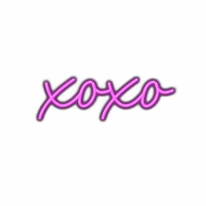 Neon sign with "XOXO" in cursive purple letters