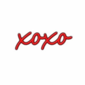 Neon sign with the text "xoxo" on white background.