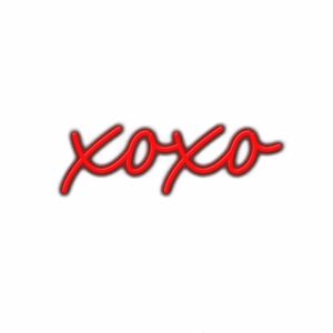 Neon sign with text "xoxo" on white background.