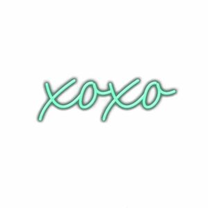 Neon sign with the text "XOXO" on white background.