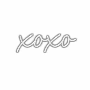 Neon sign with the text 'xoxo' on white background.
