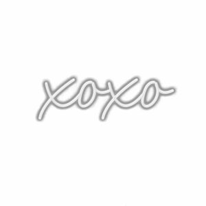 Neon sign spelling 'xoxo' in cursive on white background.