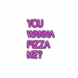 Playful pizza-themed phrase in purple text.