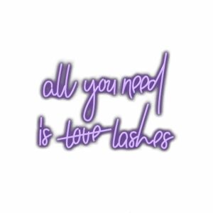 Graphic text "All you need is love lashes" in purple.