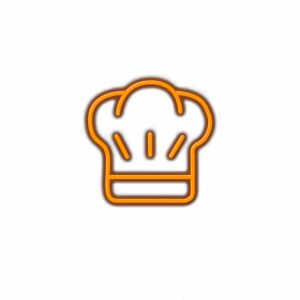 Neon chef's hat sign on white background.