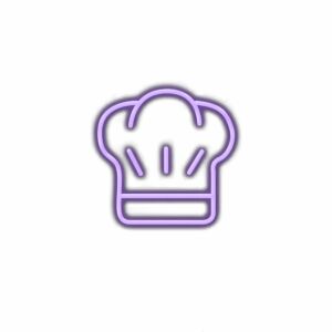 Neon purple chef's hat sign on white background.