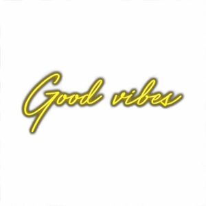 Yellow "Good vibes" cursive text on white background.