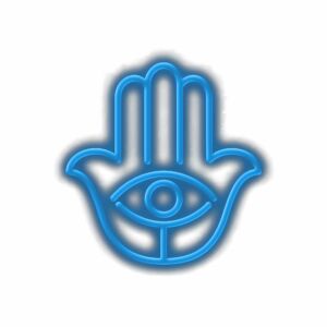 Neon blue Hamsa hand illustration with eye design.