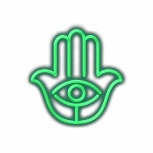 Neon green Hamsa hand symbol with an eye.