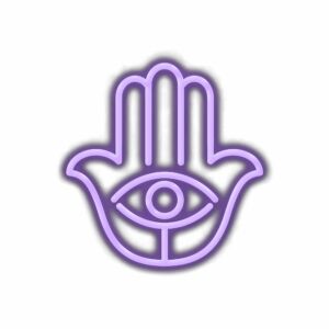 Illustration of purple Hamsa hand with eye symbol.