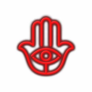 Red Hamsa hand symbol with eye illustration.