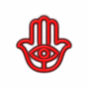 Red Hamsa hand symbol with eye design.