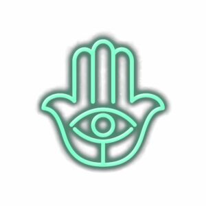 Neon Hamsa hand symbol with eye illustration.