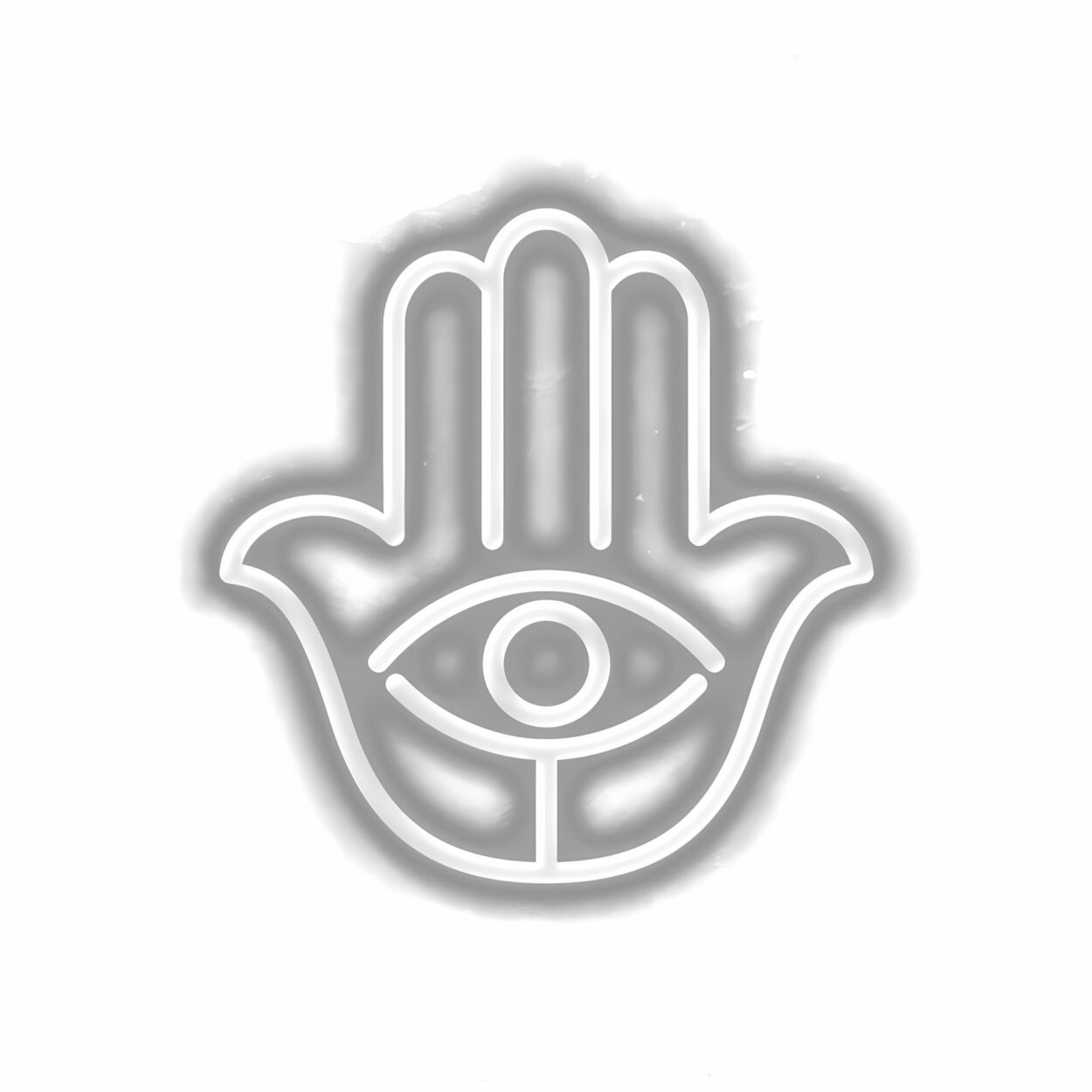 Silver Hamsa hand with eye illustration.