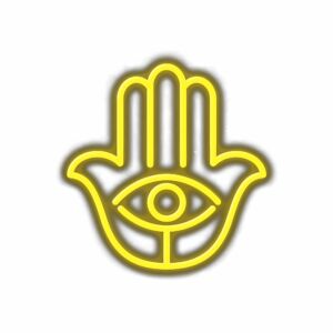 Yellow Hamsa hand symbol with eye illustration.