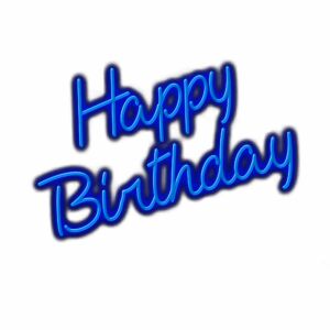 Neon blue "Happy Birthday" text on a white background.