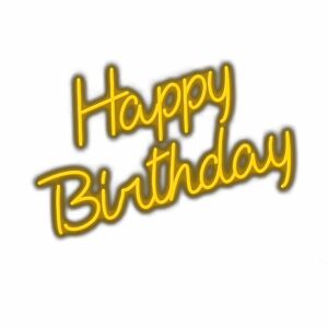 Yellow "Happy Birthday" celebration text graphic.