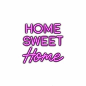 Neon sign saying "Home Sweet Home" in purple.