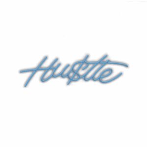 Cursive blue "Hustle" text with shadow on white background.