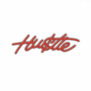 Red cursive "Hustle" text on white background.