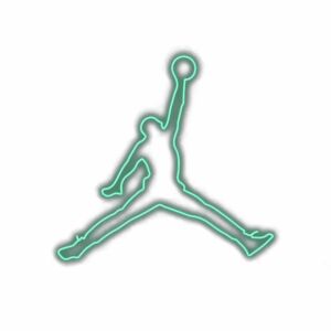 Neon silhouette of basketball player dunking.