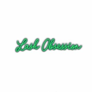 Neon green "Lash Obsession" text on white background.