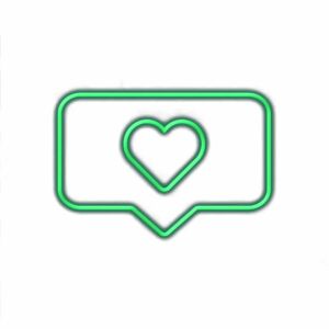 Neon green heart in speech bubble outline.