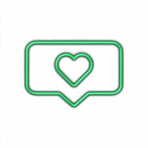 Neon heart inside speech bubble icon.