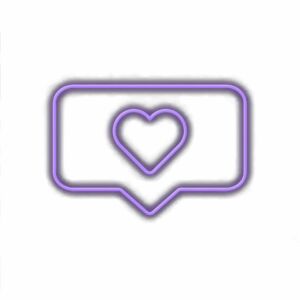 Purple neon heart inside chat bubble icon.