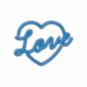 Neon blue "Love" text inside heart shape.