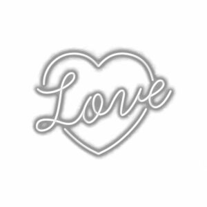 Neon-style heart with "Love" text, white background.