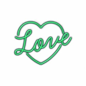 Neon heart with cursive "Love" text.