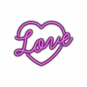 Neon heart sign with the word "Love" in cursive.