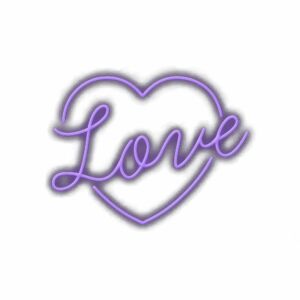 Neon love text inside purple heart outline.