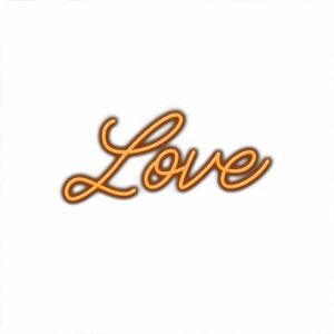 Neon script "Love" sign on white background.