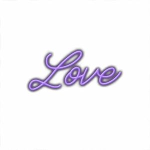 Purple cursive "Love" text illustration.