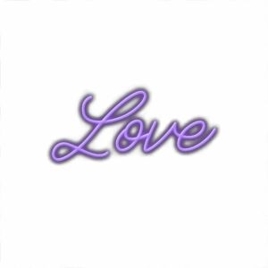 Purple neon sign spelling "Love".