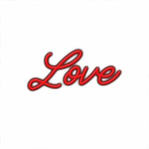 Neon sign style text "Love" on white background.