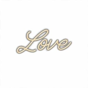 Neon sign with word "Love" on white background.